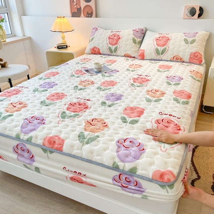 91家纺网 家纺一手货源 找家纺 2024秋冬牛奶绒加厚夹棉床笠三件套印花床垫保护套罩奈美