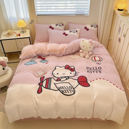 金爱家 2024新款三丽鸥大版加厚牛奶绒四件套-第二批 绒R滑翔kt