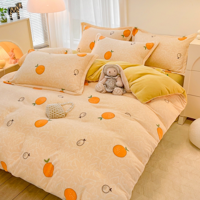 91家纺网 家纺一手货源 找家纺 寐居家纺 2024新款A类小清新牛奶绒印花四件套 果粒橘子