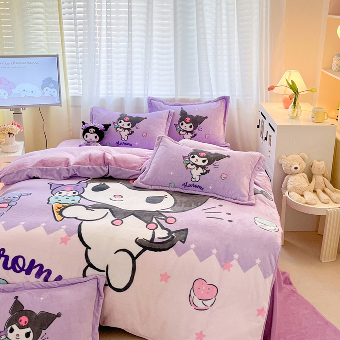 91家纺网 家纺一手货源 找家纺 金爱家 2024新款三丽鸥大版加厚牛奶绒四件套-第二批 冰淇淋库洛米