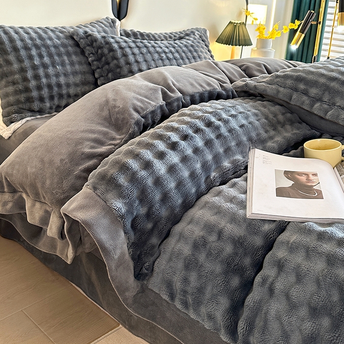 91家纺网 家纺一手货源 找家纺 芸锦豪 2024新款仿兔毛小泡泡兔兔绒兔毛绒四件套 深灰