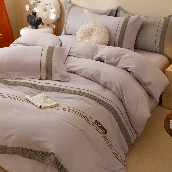 91家纺网 家纺一手货源 找家纺 2024新款A类云柔棉加密柔顺磨毛四件套千鸟格系列 千鸟格-鸢尾紫