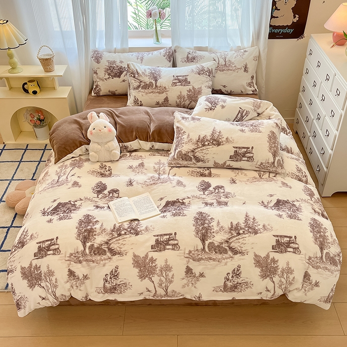 91家纺网 家纺一手货源 找家纺 慕澄家纺 2024新款小清新可爱印花牛奶绒加厚保暖四件套 山水