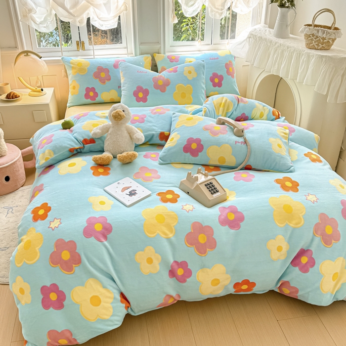 91家纺网 家纺一手货源 找家纺 2025新款小清新双面牛奶绒四件套 繁花