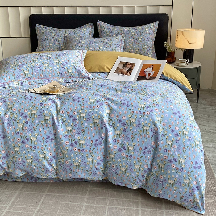 91家纺网 家纺一手货源 找家纺 2024新款全棉生态磨毛四件套 邻家小院(蓝)