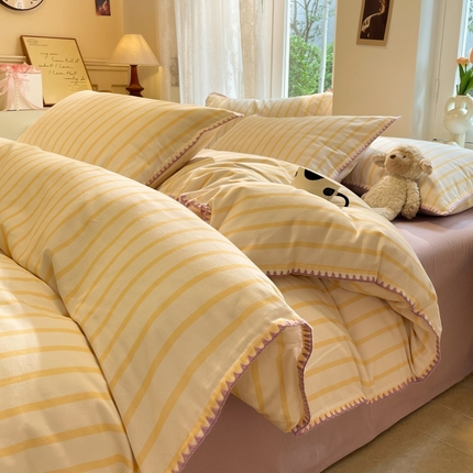 91家纺网 家纺一手货源 找家纺 （总）莱茵家居 2024新款100%全棉A类加厚磨毛彩条贝壳边四件套