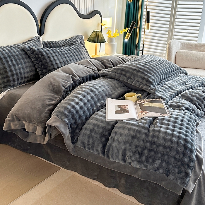 91家纺网 家纺一手货源 找家纺 芸锦豪 2024新款仿兔毛小泡泡兔兔绒兔毛绒四件套 深灰