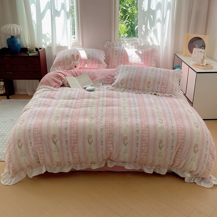 美乐迪家纺 2024新款花边牛奶绒印花四件套 多彩粉
