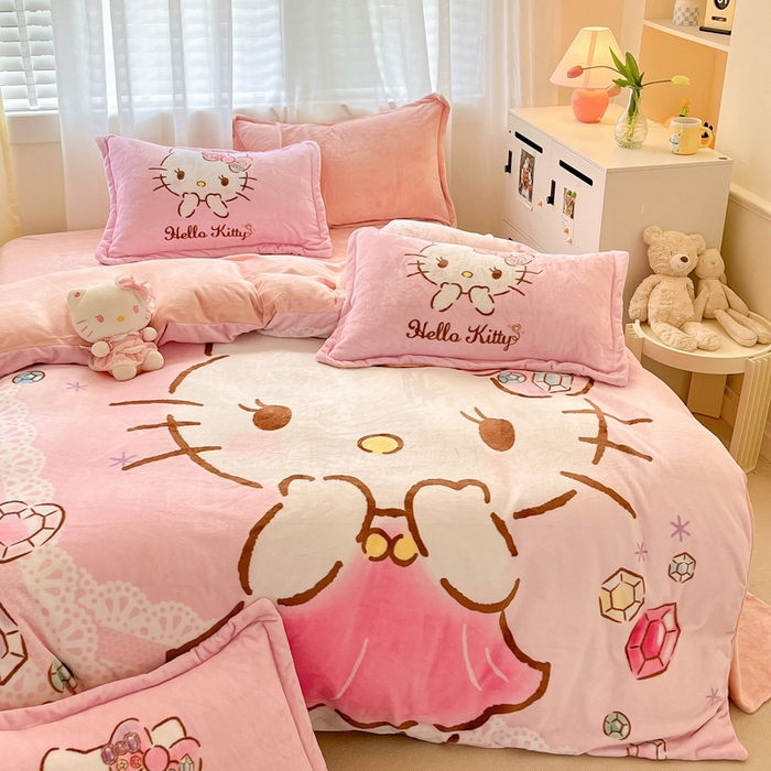 91家纺网 家纺一手货源 找家纺 金爱家 2024新款三丽鸥大版加厚牛奶绒四件套-第二批 宝石kt