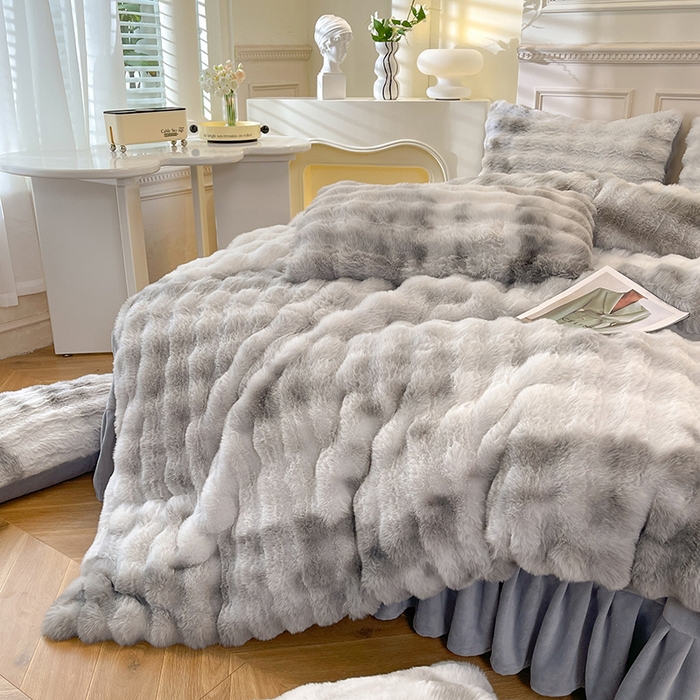 91家纺网 家纺一手货源 找家纺 绒世界 2024新款500克仿兔绒七彩大泡泡四件套 七彩-高级灰