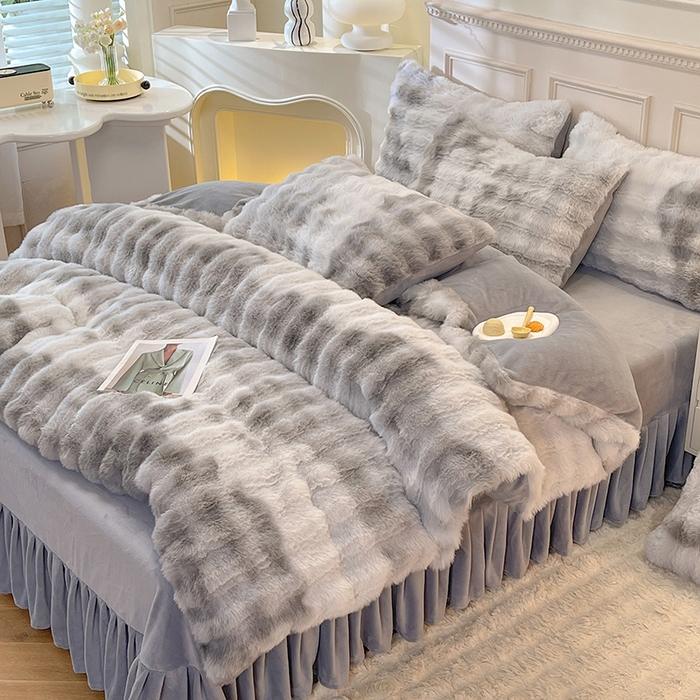 91家纺网 家纺一手货源 找家纺 绒世界 2024直播秋冬新款高克重500克床裙款泡泡四件套纯色印花系列  七彩-高级灰