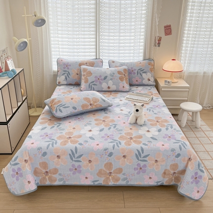 茉夕家纺 2024新款奶芙纯棉印花牛奶绒水洗床盖 奶芙-春日记忆