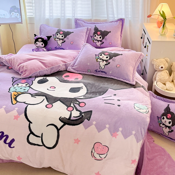 91家纺网 家纺一手货源 找家纺 金爱家 2024新款三丽鸥大版加厚牛奶绒四件套-第二批 冰淇淋库洛米