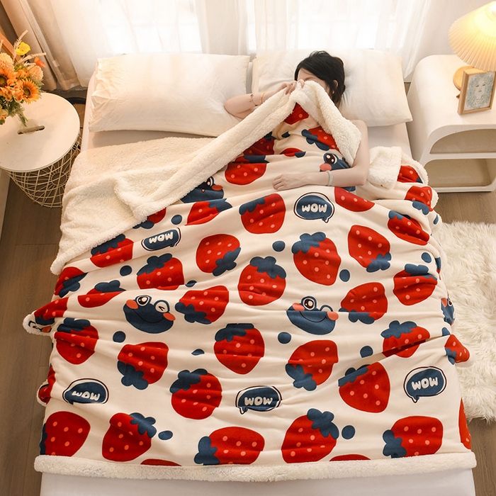 91家纺网 家纺一手货源 找家纺 2025新款毛毯AB版牛奶绒+羊羔绒毯子复合多功能午睡毯 草莓-兰