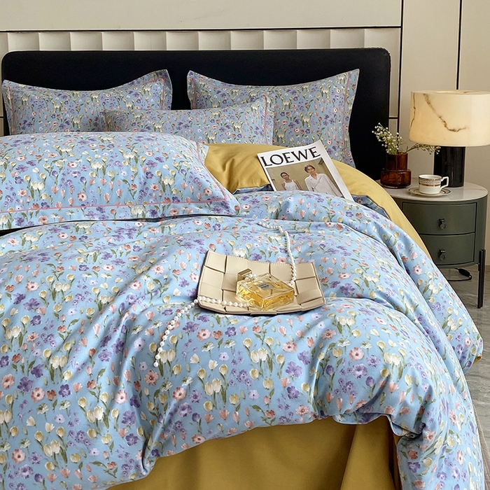 91家纺网 家纺一手货源 找家纺 2024新款全棉生态磨毛四件套 邻家小院(蓝)