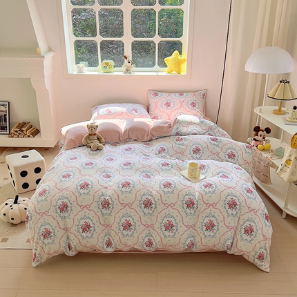 山茶家纺 2024新款高克重印花牛奶绒四件套 丝带花