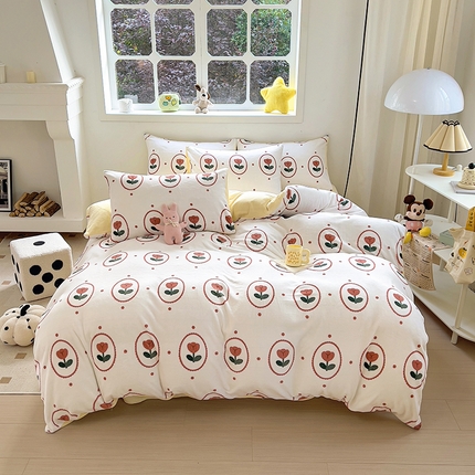 山茶家纺 2024新款高克重印花牛奶绒四件套 郁金香波点