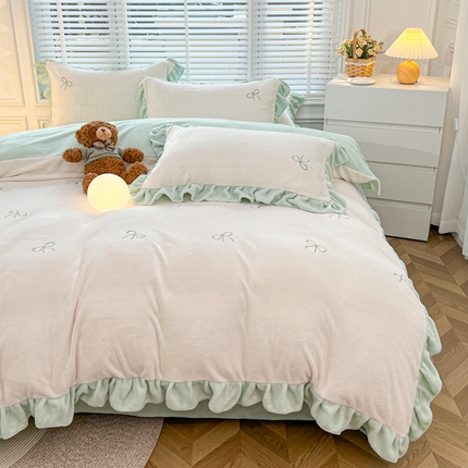 金麦家纺 2024新款花边款牛奶绒四件套 蝴蝶结-蓝色