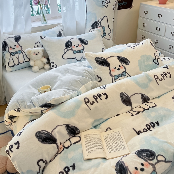 91家纺网 家纺一手货源 找家纺 慕澄家纺 2024新款小清新可爱印花牛奶绒加厚保暖四件套 趣味狗