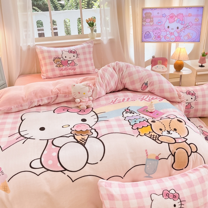 91家纺网 家纺一手货源 找家纺 金爱家 2024新款三丽鸥大版加厚牛奶绒四件套-第二批 绒大版-R彩虹甜筒kitty