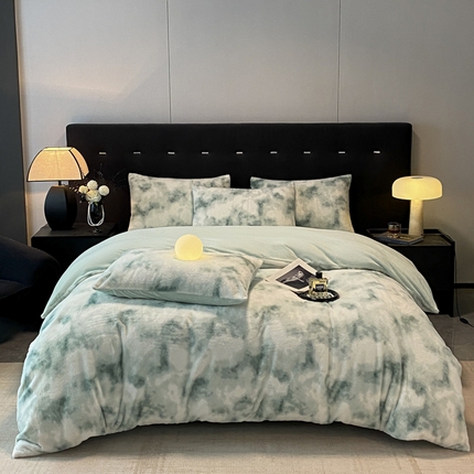 91家纺网 家纺一手货源 找家纺 嗯呢家纺 2024新款A类高克重全消光雪貂绒扎染风四件套-七彩 七彩-绿