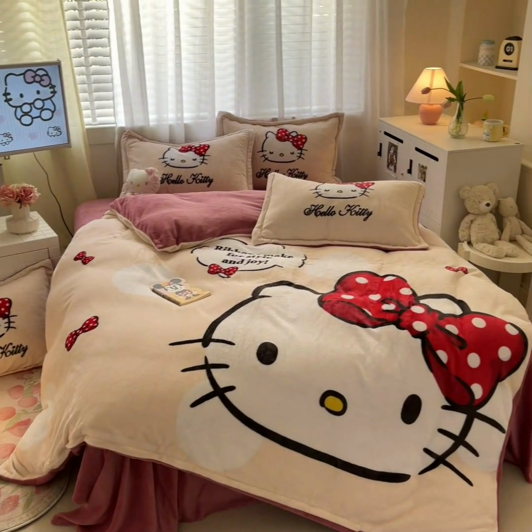 91家纺网 家纺一手货源 找家纺 金爱家 2024新款三丽鸥大版加厚牛奶绒四件套-第二批 蝴蝶kt