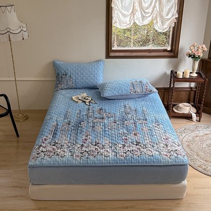 91家纺网 家纺一手货源 找家纺 麋兔 2024新款法式原创手绘牛奶绒床笠盖毯 梦幻城堡