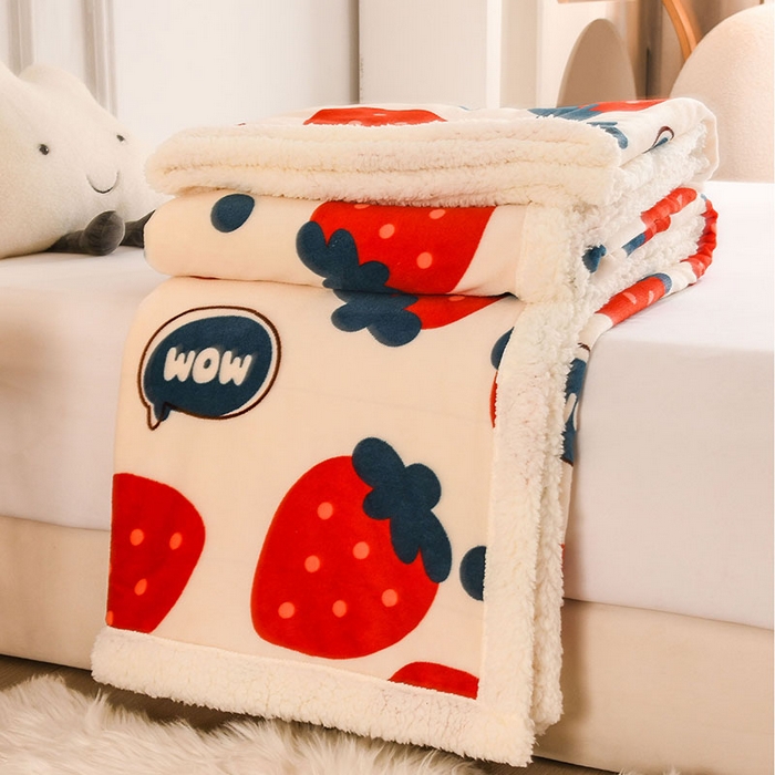 91家纺网 家纺一手货源 找家纺 2025新款毛毯AB版牛奶绒+羊羔绒毯子复合多功能午睡毯 草莓-兰