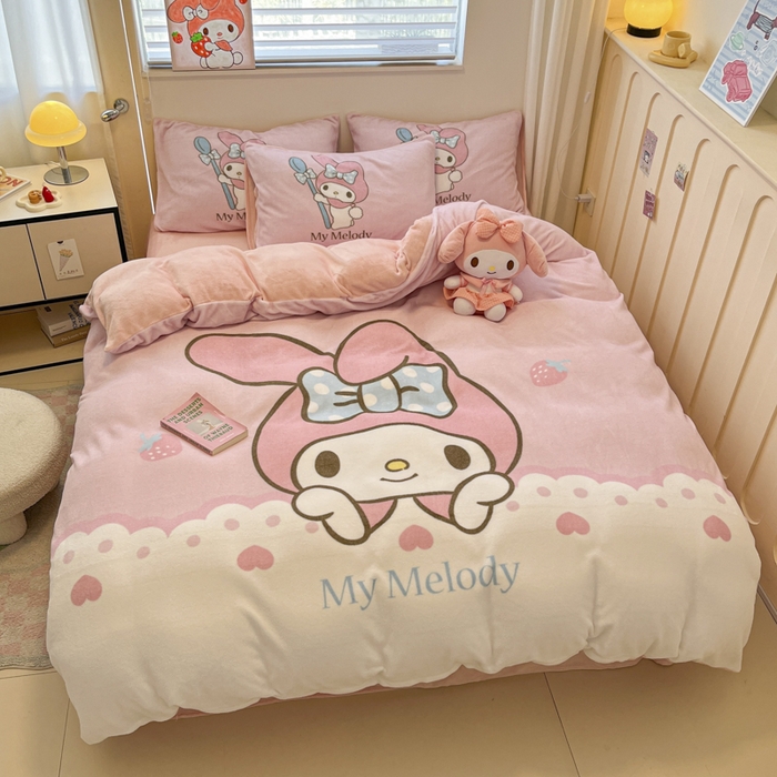 91家纺网 家纺一手货源 找家纺 金爱家 2024新款三丽鸥大版加厚牛奶绒四件套-第二批 绒R萌萌美乐蒂