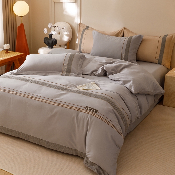 91家纺网 家纺一手货源 找家纺 2024新款A类云柔棉加密柔顺磨毛四件套千鸟格系列 千鸟格-卡其灰