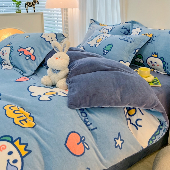 91家纺网 家纺一手货源 找家纺 寐居家纺 2024新款A类小清新牛奶绒印花四件套 恐龙宝贝