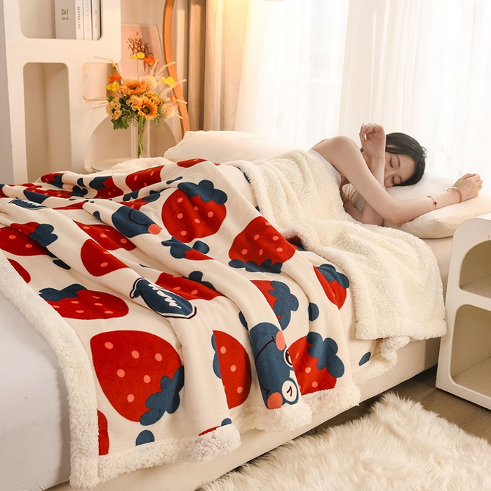 91家纺网 家纺一手货源 找家纺 2025新款毛毯AB版牛奶绒+羊羔绒毯子复合多功能午睡毯 草莓-兰