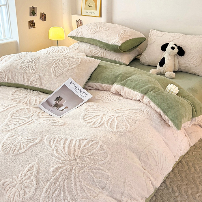 91家纺网 家纺一手货源 找家纺 梦之岛 2024新款高克重提花雕花牛奶绒四件套 蝴蝶公主-白绿