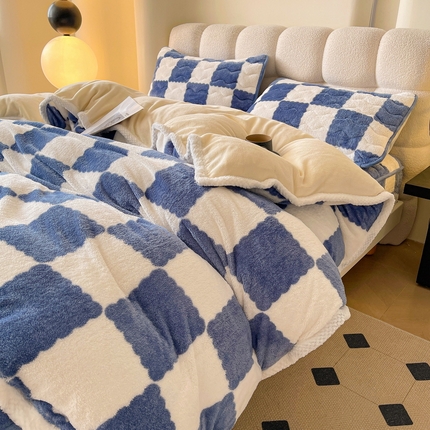 2024新款A类北极绒格子-条纹系列宽包边加厚被套（暖光图） 棋盘格-高贵蓝