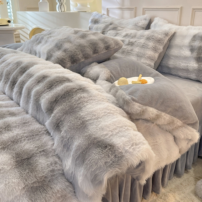 91家纺网 家纺一手货源 找家纺 绒世界 2024直播秋冬新款高克重500克床裙款泡泡四件套纯色印花系列  七彩-高级灰