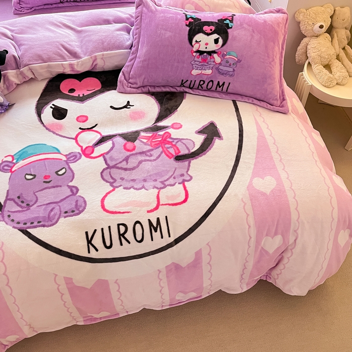 91家纺网 家纺一手货源 找家纺 金爱家 2024新款三丽鸥大版加厚牛奶绒四件套-第二批 爱心库洛米-