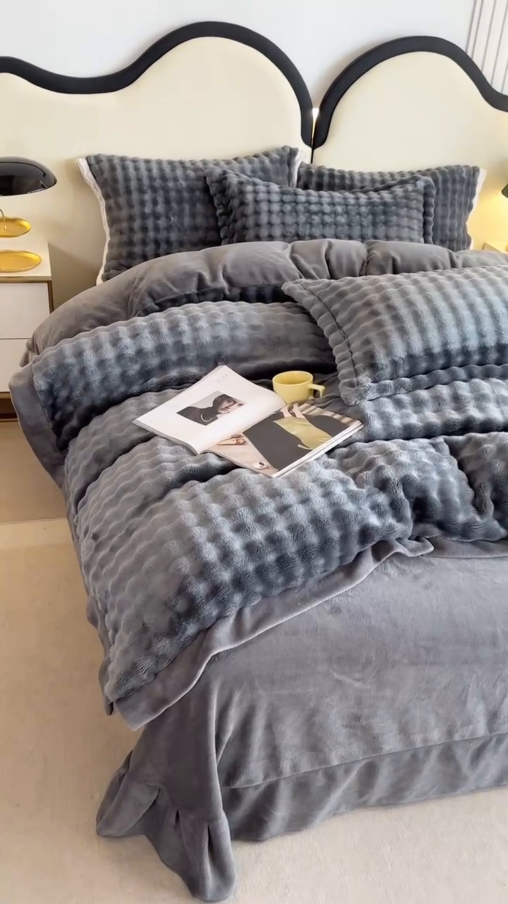 91家纺网 家纺一手货源 找家纺 芸锦豪 2024新款仿兔毛小泡泡兔兔绒兔毛绒四件套 深灰