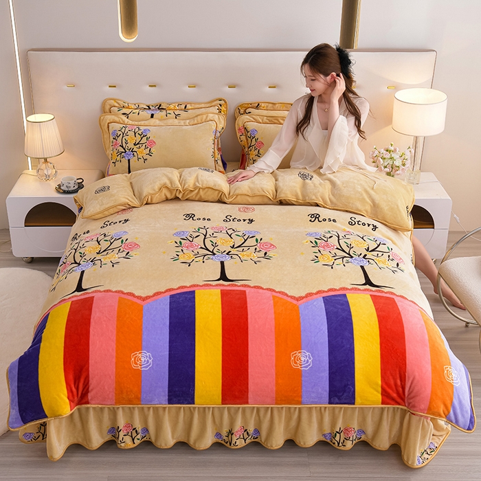 91家纺网 家纺一手货源 找家纺 阿亮家居 2024新款8.5斤保暖牛奶绒金貂绒床裙款四件套 浪漫玫瑰