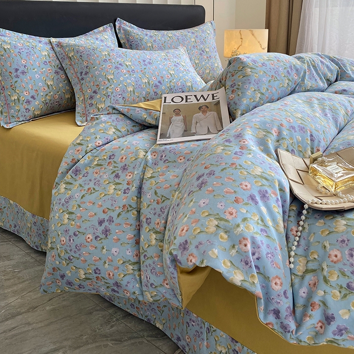 91家纺网 家纺一手货源 找家纺 2024新款全棉生态磨毛四件套 邻家小院(蓝)