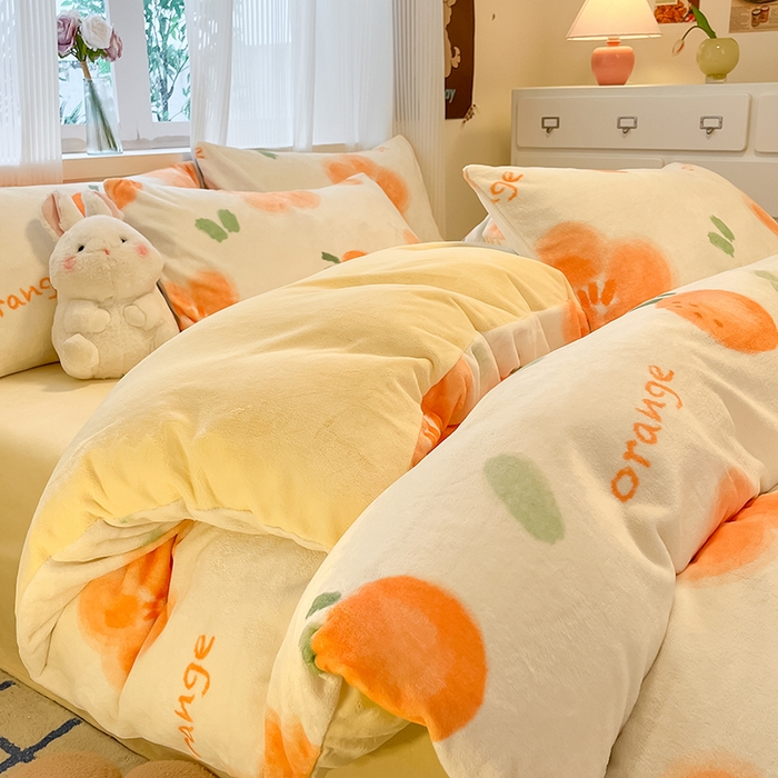 91家纺网 家纺一手货源 找家纺 慕澄家纺 2024新款小清新可爱印花牛奶绒加厚保暖四件套 橙意满满