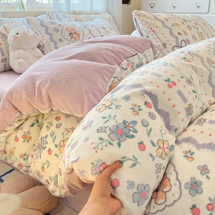 慕澄家纺 2024新款小清新可爱印花牛奶绒加厚保暖四件套 森系物语