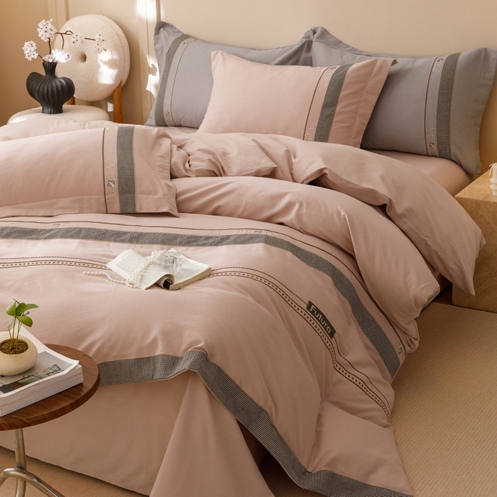 91家纺网 家纺一手货源 找家纺 2024新款A类云柔棉加密柔顺磨毛四件套千鸟格系列 千鸟格-浅豆沙