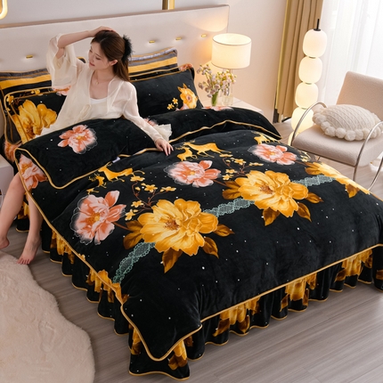 阿亮家居 2024新款8.5斤保暖牛奶绒金貂绒床裙款四件套 花语庭