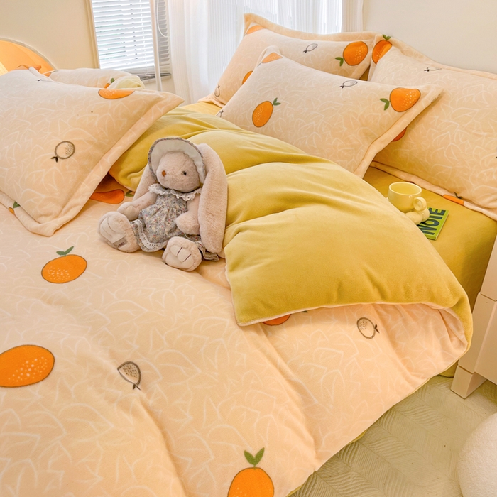 91家纺网 家纺一手货源 找家纺 寐居家纺 2024新款A类小清新牛奶绒印花四件套 果粒橘子