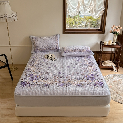 91家纺网 家纺一手货源 找家纺 麋兔 2024新款法式原创手绘牛奶绒床笠盖毯 卡蒂亚