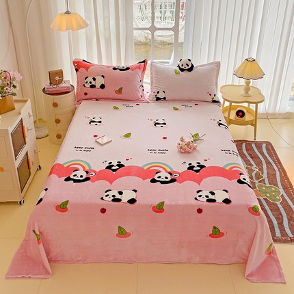 名兮家居 2024新款时尚卡通风高克重牛奶绒床单-盖毯 彩虹熊猫-粉