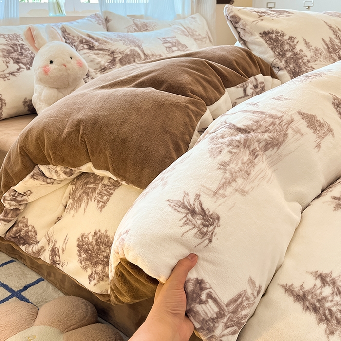 91家纺网 家纺一手货源 找家纺 慕澄家纺 2024新款小清新可爱印花牛奶绒加厚保暖四件套 山水