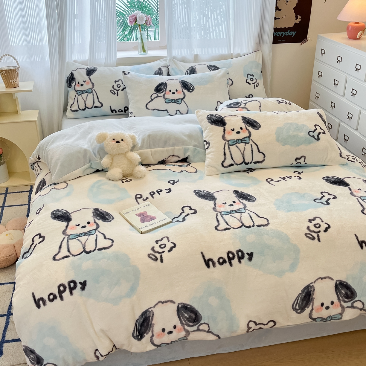 91家纺网 家纺一手货源 找家纺 慕澄家纺 2024新款小清新可爱印花牛奶绒加厚保暖四件套 趣味狗