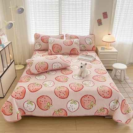 茉夕家纺 2024新款奶芙纯棉印花牛奶绒水洗床盖 奶芙-草莓多多