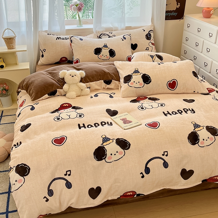 91家纺网 家纺一手货源 找家纺 慕澄家纺 2024新款小清新可爱印花牛奶绒加厚保暖四件套 酷酷狗